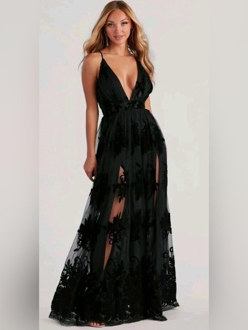Windsor Black Velvet Flocked Floral Mesh Maxi Dress Plunge V Neck L